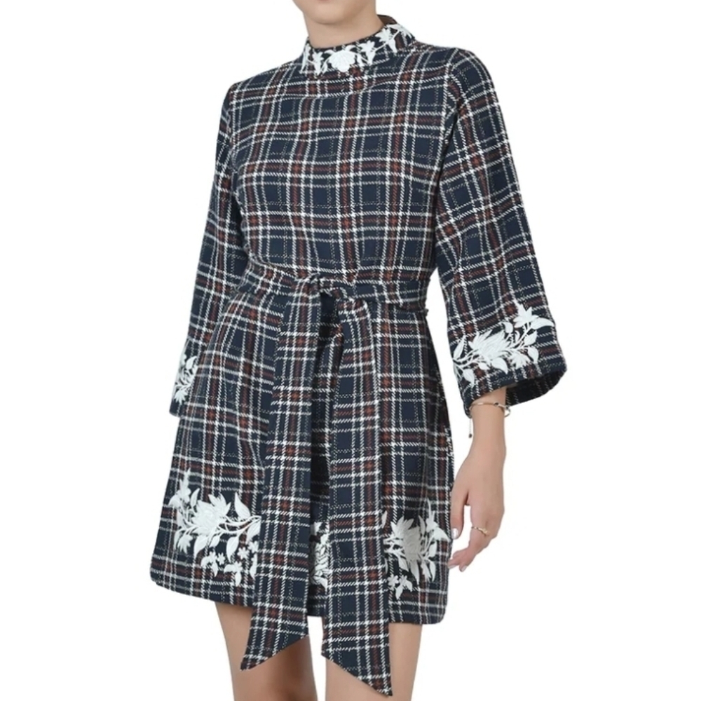 Fanm Mon Handcrafted 3/4 Sleeve A-line Tweed Mini Dress W/Embroidery: Navy Plaid